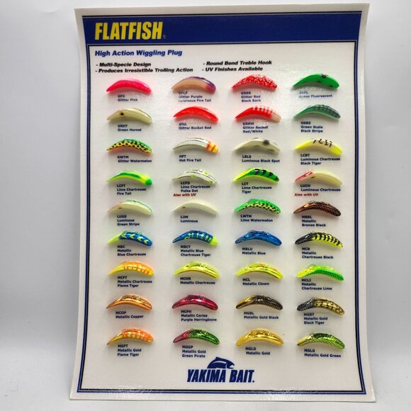 Yakima Bait Flatfish High Action Wiggling Plug Sample Board 820535 - Picture 1 of 3